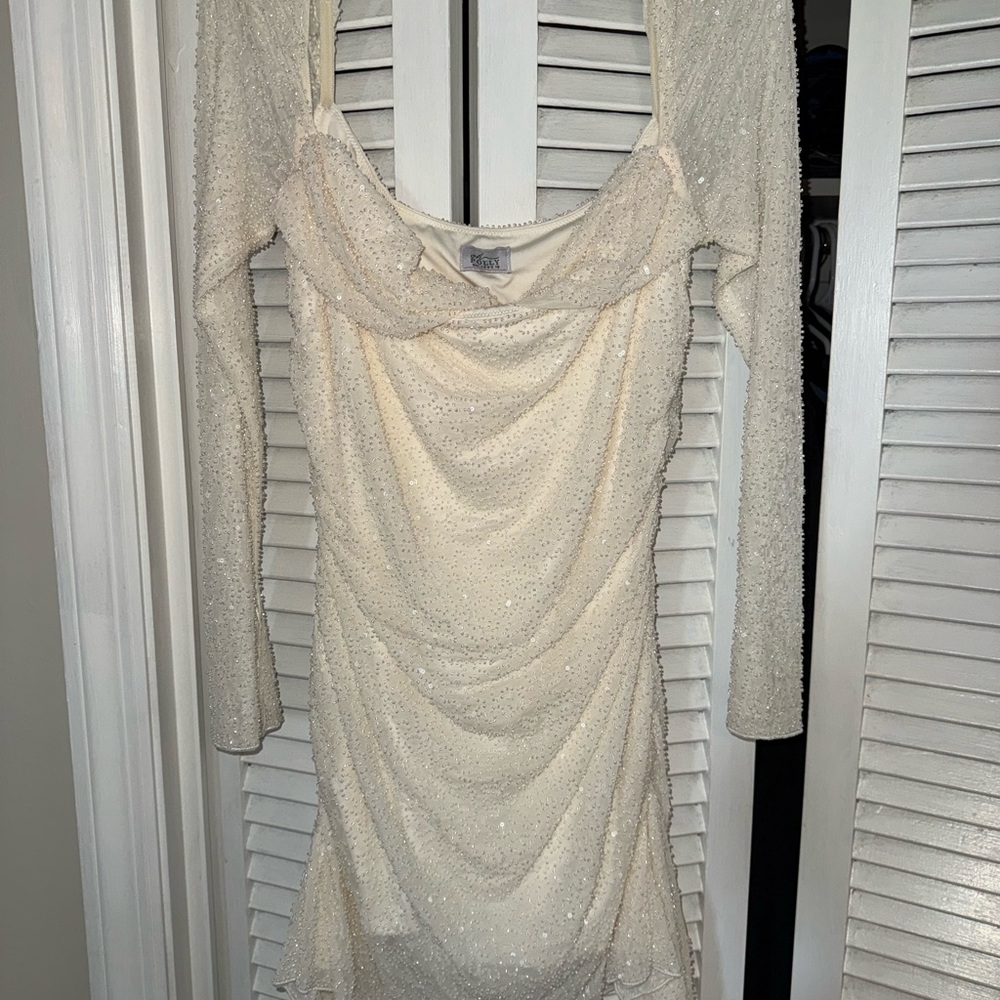 Oh Polly Ivory Long-Sleeve Beaded Mini Dress